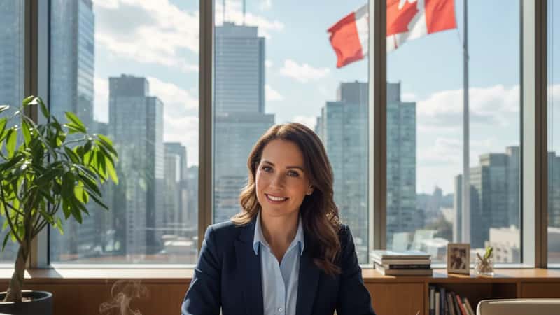 Woman reviewing immigration legal documents at a table in a bright Canadian office