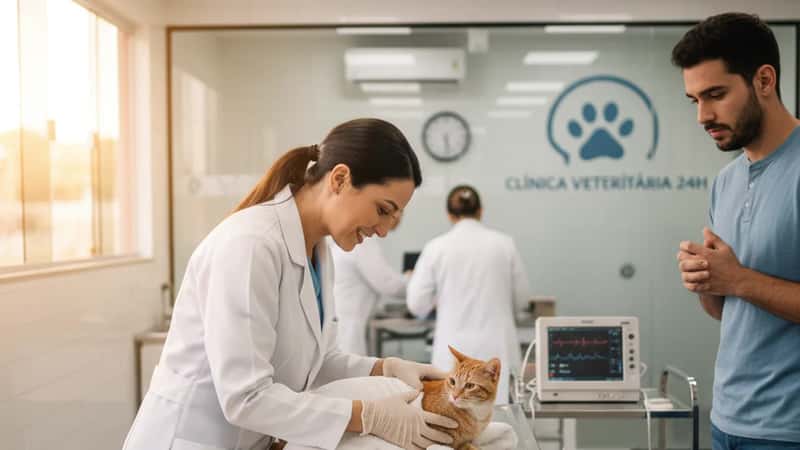Veterinário examinando um gato em mesa de aço inox em clínica de emergência