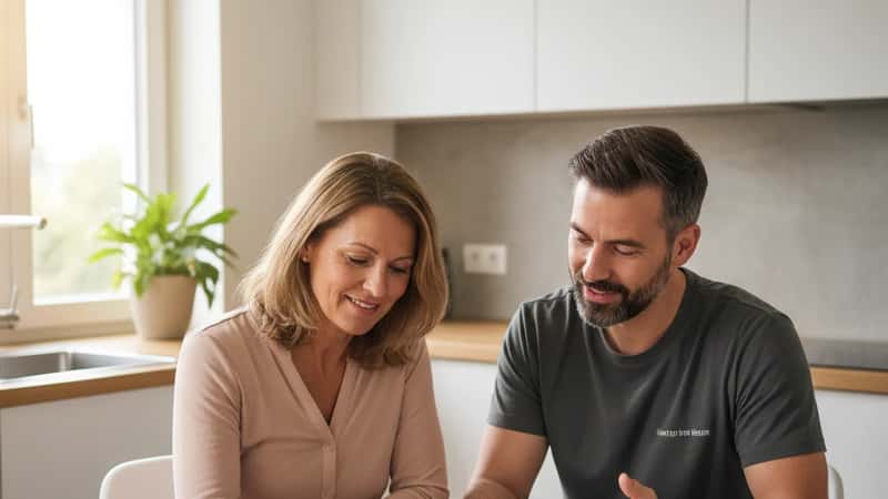 Hauseigentümerin und Installateur besprechen einen Kostenvoranschlag am Küchentisch