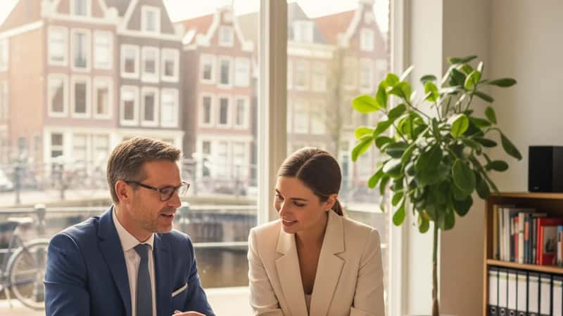Belastingadviseur bespreekt documenten met een klant in een modern kantoor