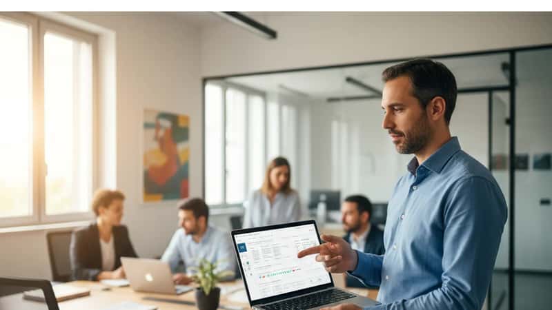 Tecnico IT che monitora un dashboard di rete su laptop in un ufficio di una PMI italiana