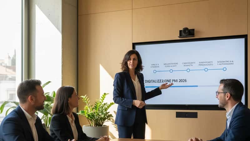 Consulente IT italiana che presenta una roadmap di trasformazione digitale in una sala riunioni moderna