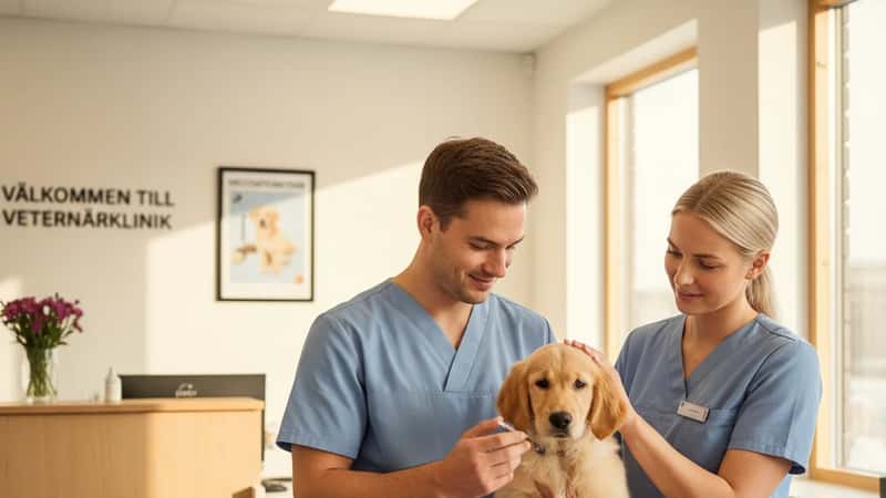 Golden retriever-valp som vaccineras på en svensk veterinärklinik
