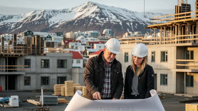 Verktaki á Íslandi yfirfer teikningar á byggingarsvæði í Reykjavík