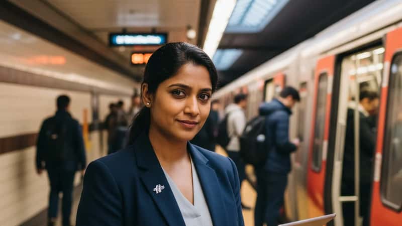 South Asian Canadian transit professional reviewing ridership data on a tablet at a busy Toronto TTC station platform