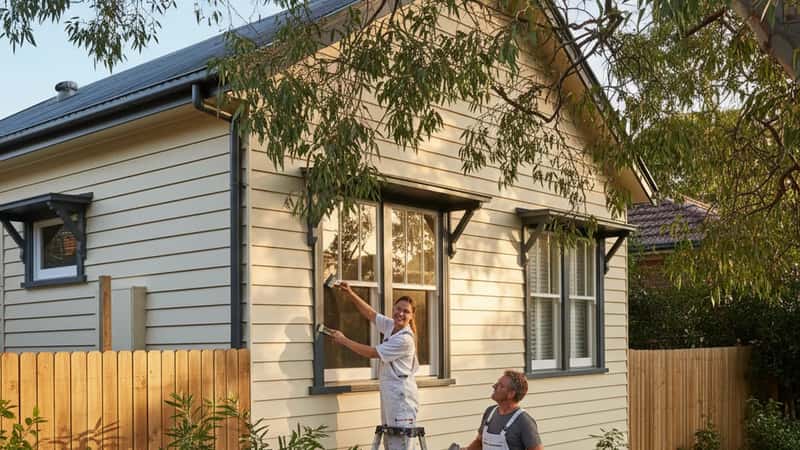 Freshly painted weatherboard house exterior in a leafy Melbourne suburb with cream walls and charcoal trim
