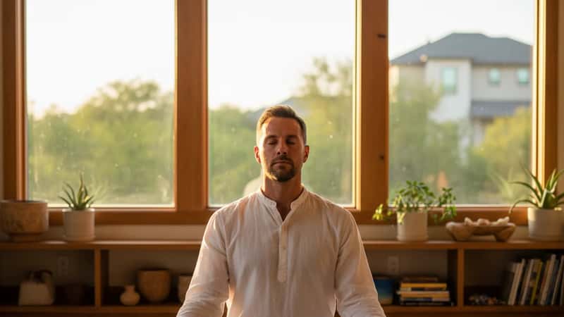 American man practicing Kundalini Yoga Breath of Fire pranayama in a home yoga space in Austin, Texas