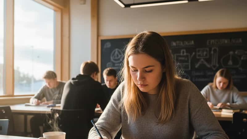 Suomalainen opiskelija lukee filosofian oppikirjaa pöydällä Tampereen opiskelutilassa, lyijykynähuomautuksia marginaaleissa, analyyttisen lukemisen tunnelma