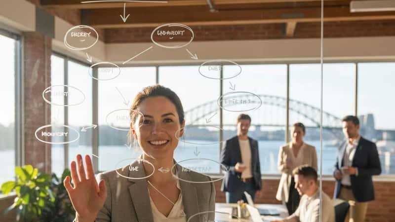An Australian woman pointing to a process flow diagram on a glass wall in a Sydney startup office, demonstrating process innovation mapping