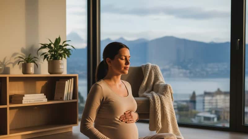 Femme enceinte pratiquant la respiration pranayama assise sur un tapis de yoga dans un appartement genevois, mains sur le ventre, lumière du soir