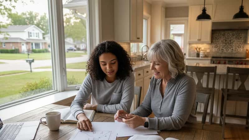 High school student and private tutor reviewing economics supply and demand graphs at a kitchen table in suburban Chicago