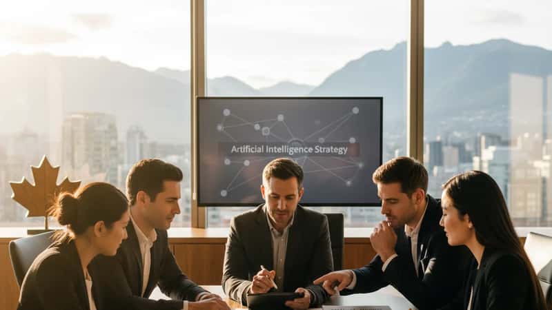 Canadian business team reviewing AI implementation strategy in a Vancouver boardroom with city views