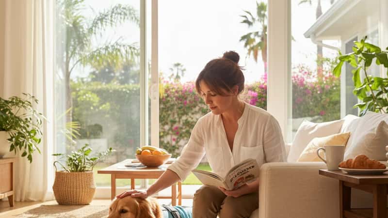 Propriétaire québécoise prenant soin de son golden retriever en convalescence portant un body de protection dans un salon familial ensoleillé