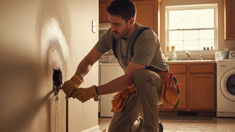 Fontanero reparando urgentemente una tubería reventada con mancha de agua en pared de hogar suburbano en EE. UU.