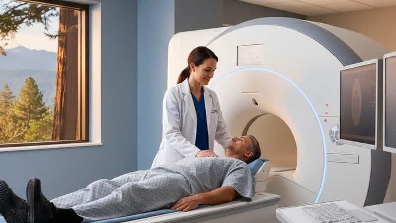Technicien médical positionnant un patient dans un appareil IRM dans un hôpital canadien moderne
