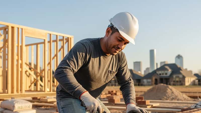 Albañil aplicando mortero con precisión sobre ladrillo en una obra residencial en Houston