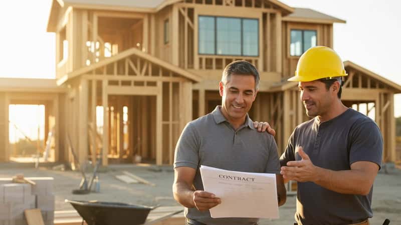 Propietario hispano revisando contrato de construcción con albañil contratista frente a casa californiana