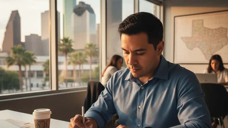 Hombre latino analizando hoja de cálculo de inversión inmobiliaria en Houston, calculando flujo de caja por mercado