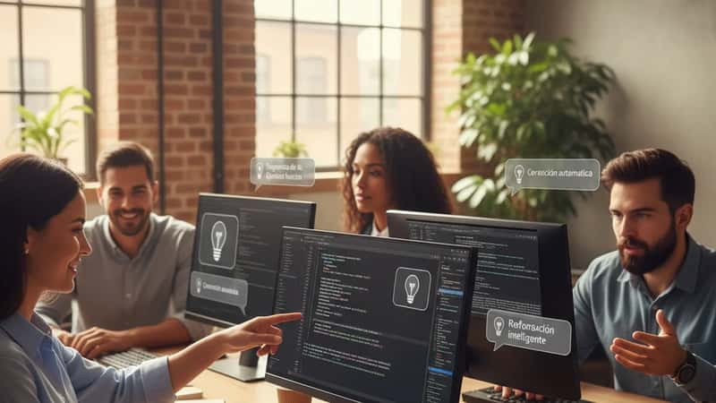 Manos diversas escribiendo en teclado con código y sugerencias de IA en pantalla, entorno de trabajo moderno