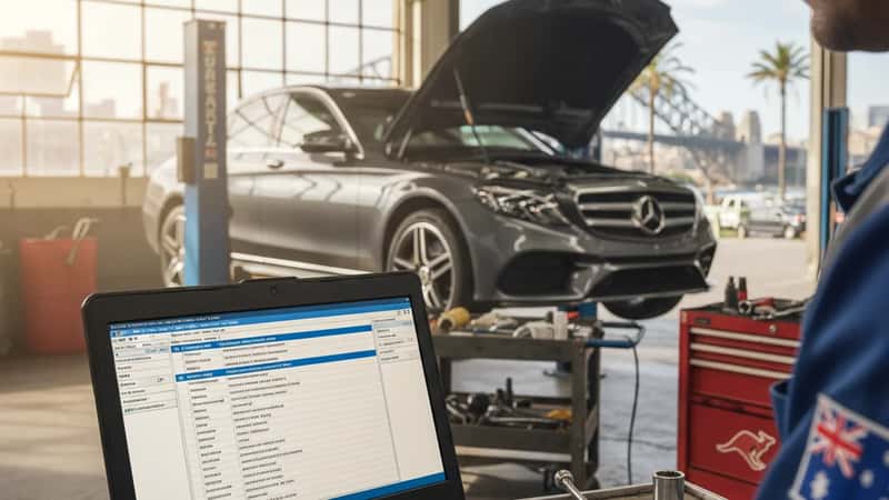 Close-up of diagnostic laptop showing Mercedes-Benz XENTRY software with fault codes, technician hands visible in a Sydney automotive workshop