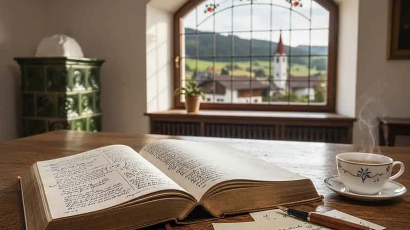 Offenes Philosophiebuch mit handgeschriebenen Lernnotizen auf einem Holzschreibtisch