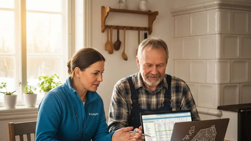 ProAgrian neuvoja ja suomalainen viljelijä käyvät läpi tilasuunnitelmaa farmitalon keittiössä, kannettava auki, papereita pöydällä