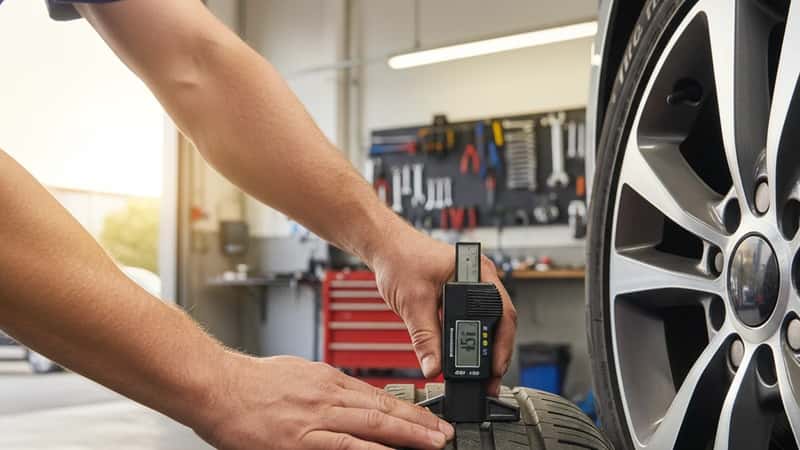 Close-up of a mechanic's hands using a tyre depth gauge to measure tread on a car tyre in an Australian workshop