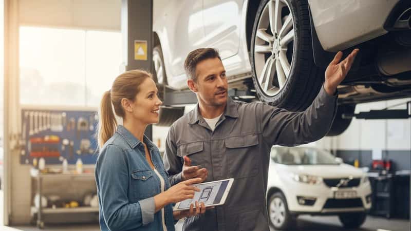 Australian woman at a Sydney vehicle inspection centre reviewing inspection results with a mechanic beside a car on a hoist