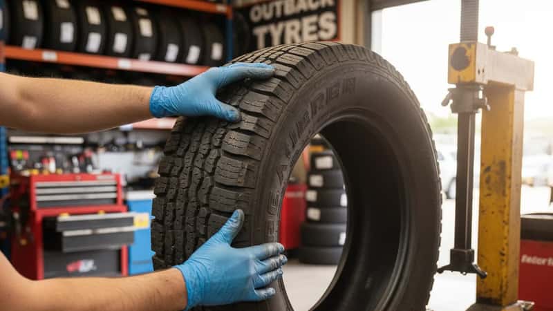 Gloved hands inspecting a patch-plug repair on the inside of a demounted tyre at an Australian tyre shop