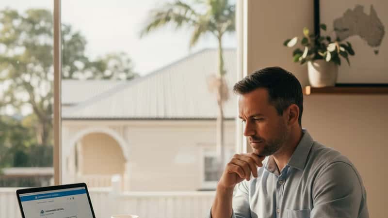 Australian man reviewing government correspondence at home in Brisbane, laptop open to a government portal