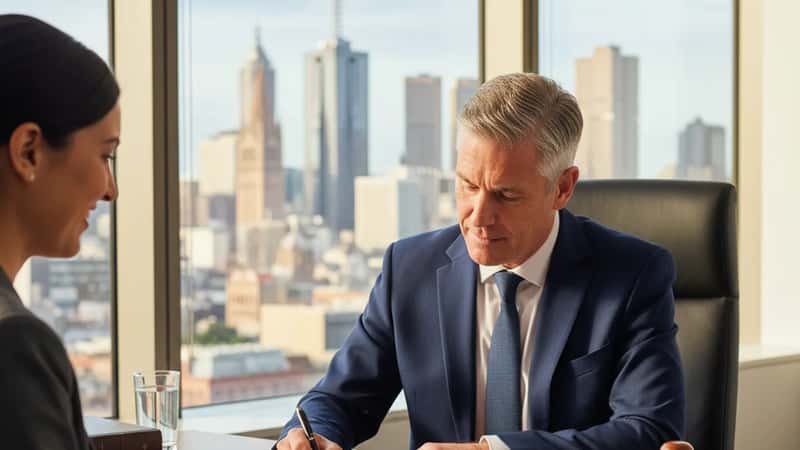 Australian man signing corporate documents at a Melbourne CBD solicitor's desk with notarial stamp visible