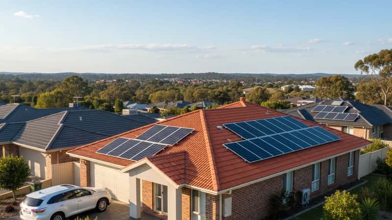 Solar panels installed on an Australian suburban home terracotta roof, showing professional mounting and north-facing orientation