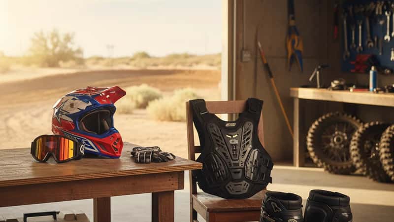 Equipamiento completo de motocross desplegado en una mesa de taller: casco, gogles, peto, rodilleras, botas y guantes organizados antes de una carrera