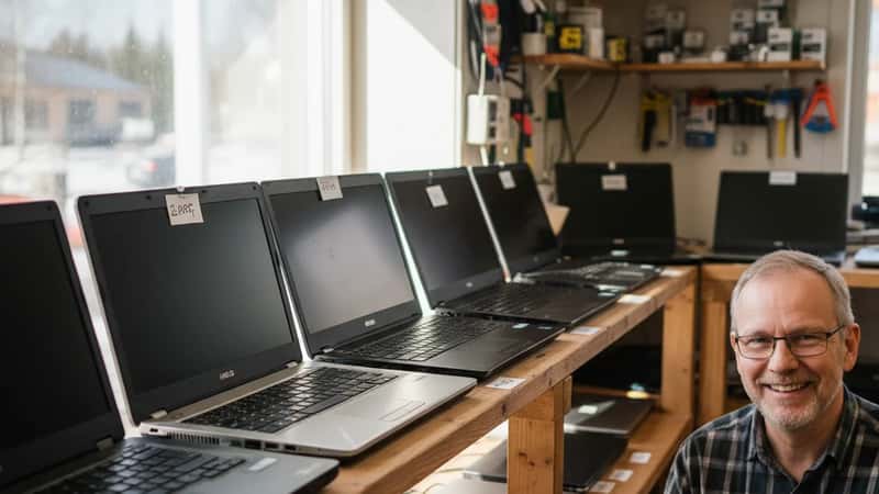 Rivissä käytettyjä kannettavia tietokoneita puuhyllyllä tamperelaisessa second hand -elektroniikkaliikkeessä