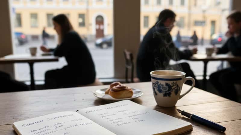 Muistiinpanokirja auki suomen sijamuodoilla ja englanninkielisillä käännöksillä kirjoitettuna puisella pöydällä Helsingissä