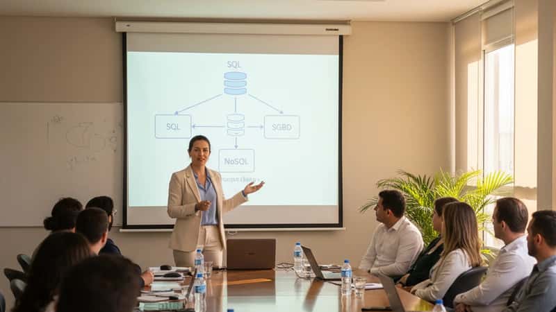 Engenheira de dados brasileira apresentando diagramas de arquitetura de banco de dados em sala de treinamento em Curitiba