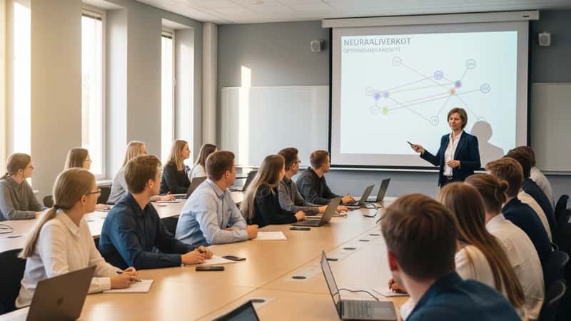Opiskelijoita suomalaisessa luentosalissa Espoossa kuuntelemassa esitystä neuraaliverkoista