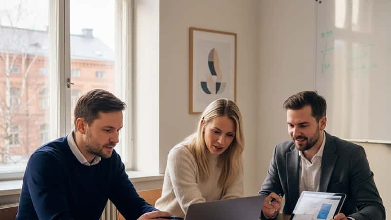 Suomalainen tietoturvatiimi tarkastelee kyberturvallisuusprotokollaa helsinkiläisessä neuvotteluhuoneessa