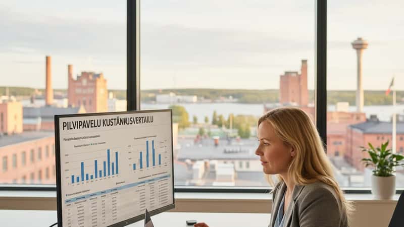 Suomalainen nainen analysoi pilvipalvelun kustannusvertailua Tampereen toimistossaan