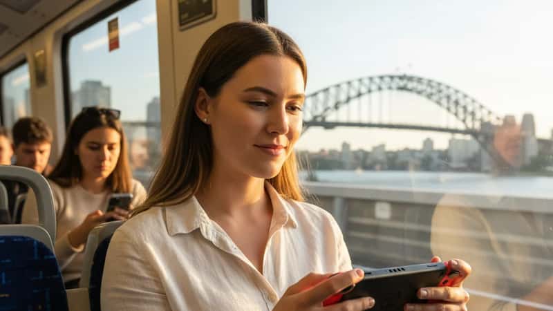 Young Australian woman playing Nintendo Switch in handheld mode on a Sydney train, commuter gaming during her daily commute