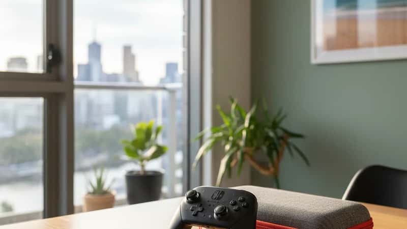 Nintendo Switch accessories arranged on a wooden desk in a Melbourne apartment: Pro Controller, carrying case, microSD card and screen protector
