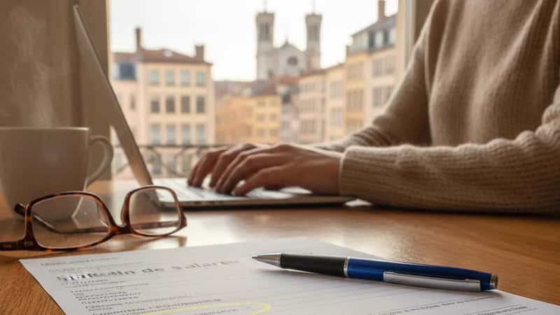 Bulletin de salaire français avec la ligne convention collective surlignée au stylo, sur un bureau à Lyon
