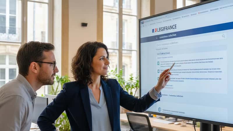 Professionnelle RH consultant Légifrance sur un grand écran dans un open-space à Bordeaux