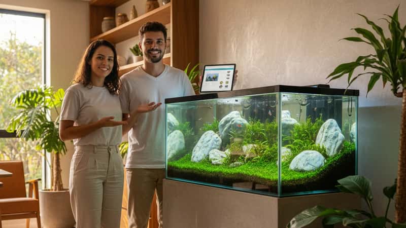 Aquário estilo Iwagumi com tapete verde e pedras Seiryu brancas, aquascaping artístico em interior brasileiro