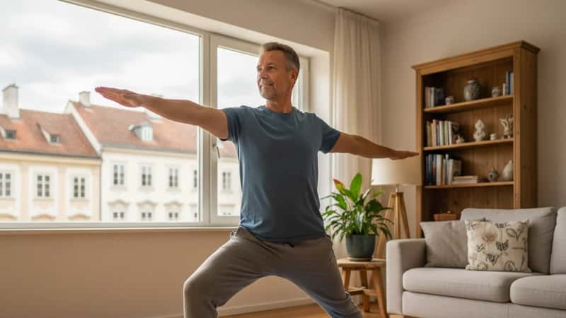 Österreichischer Mann in Krieger-II-Position auf Yogamatte im Wohnzimmer in Graz, Yoga für Einsteiger