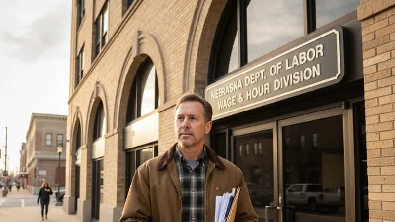Worker approaching Nebraska government labor office building in Omaha to file a wage claim, holding documents