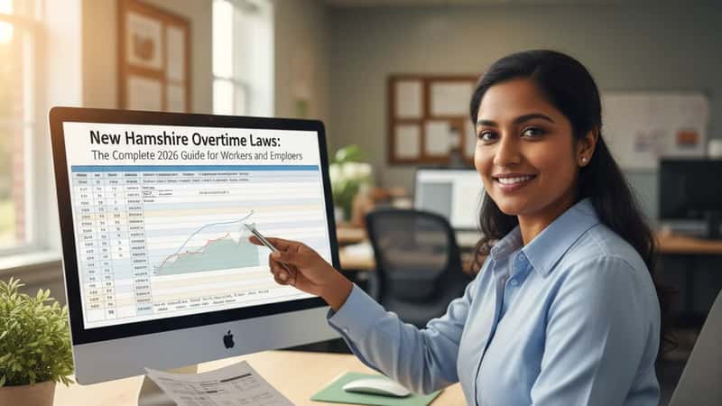 South Asian payroll manager reviewing timesheets in a Portsmouth New Hampshire office under fluorescent lighting
