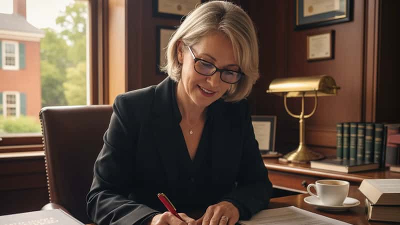 Employment attorney in Portsmouth New Hampshire law office annotating non-compete clause in red pen with reading glasses on document