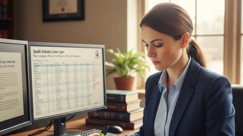 HR manager in a Rapid City office reviewing an employment policy binder, two monitors visible, methodical compliance review atmosphere