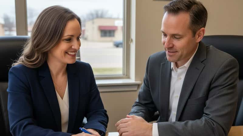 Two people signing an employment contract across a South Dakota office desk, blue pen visible, overcast daylight